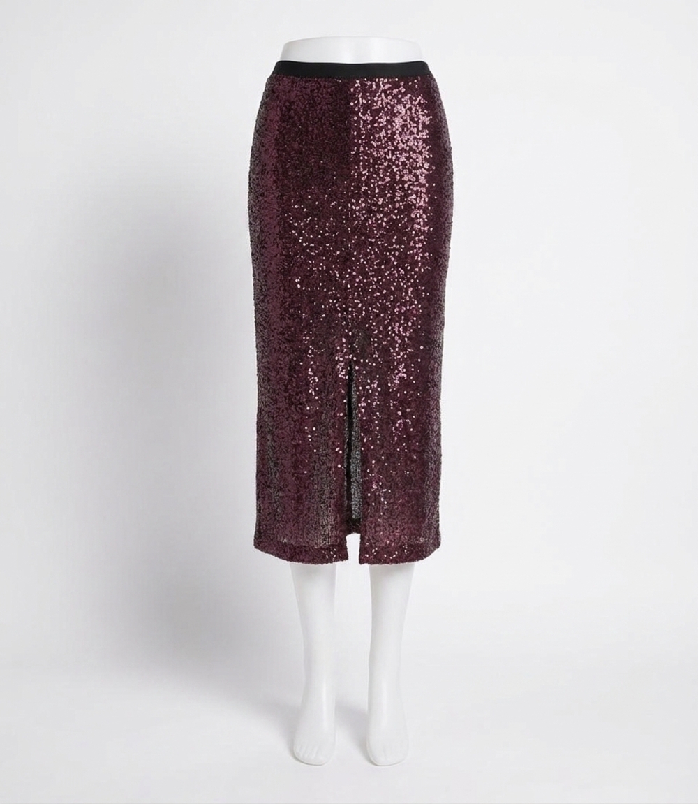 NEW KAREN KANE sequin midi skirt in eggplant